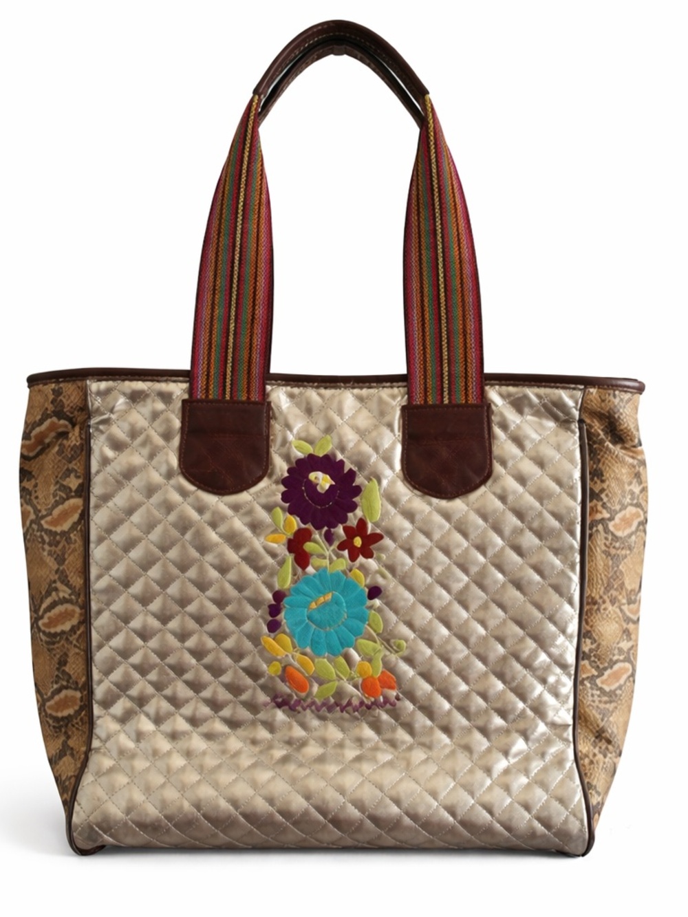 Consuela Quilted Champagne & Animal Print Embroidered Tote Bag